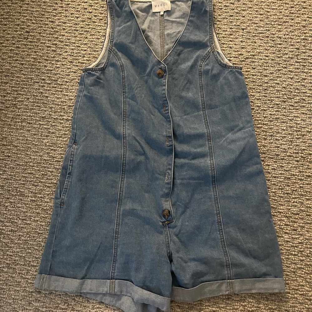 Mable Light Wash Denim Button Romper - Sleeveless V-Neck - Picture 2 of 3